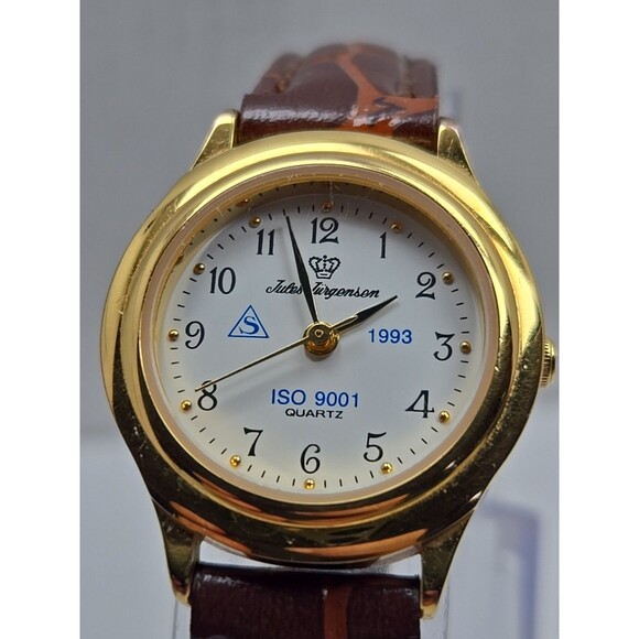 Jules Jurgensen ISO 9001 Quartz 1993 Gold Tone Watch New Battery Leather Band - Picture 4 of 12
